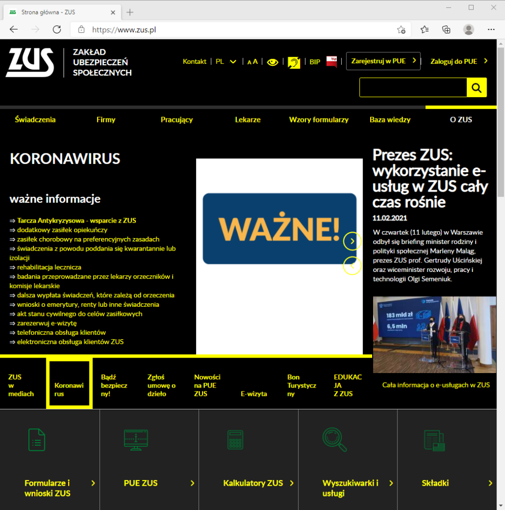 Polish Social Insurance Agency page in high-contrast mode