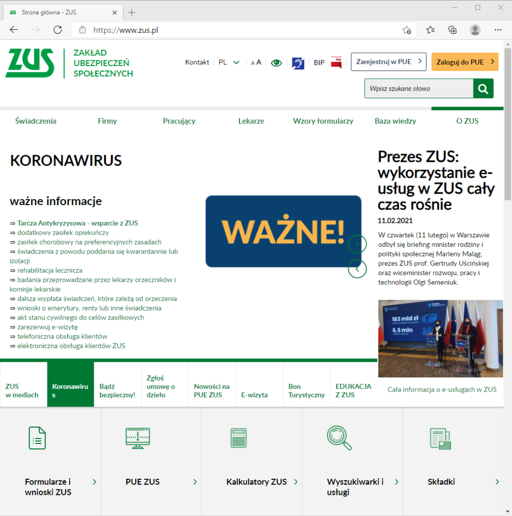 Polish Social Insurance Agency page in regular mode